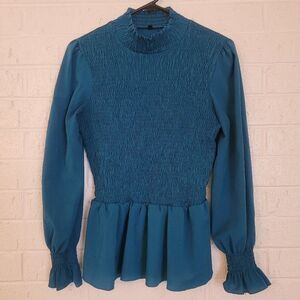teal flowy frill sleeve stretchy crepe mock turtleneck peplum top